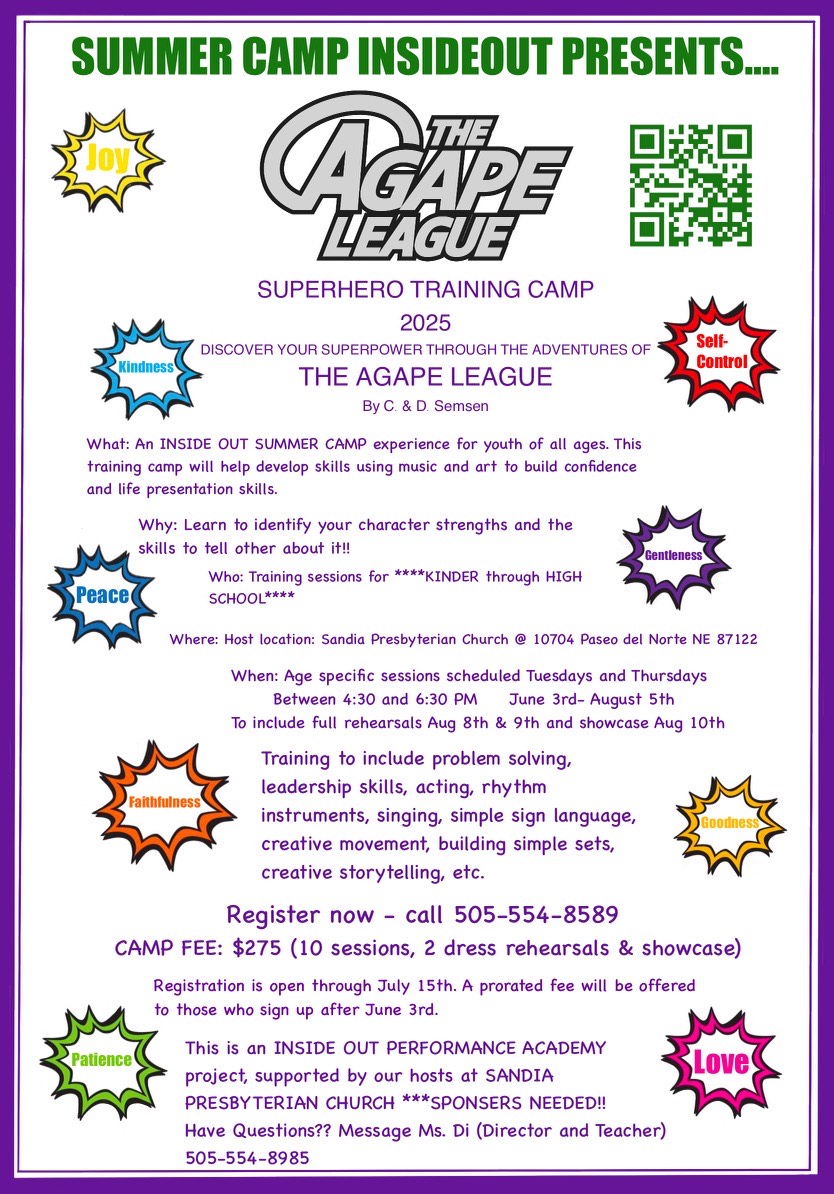 Flyer for Inside Out Performance Academy’s 2025 Superhero Training Camp, showcasing weekly sessions, ages 6‑18, arts tracks, payment plans, scholarships and phone number to register.